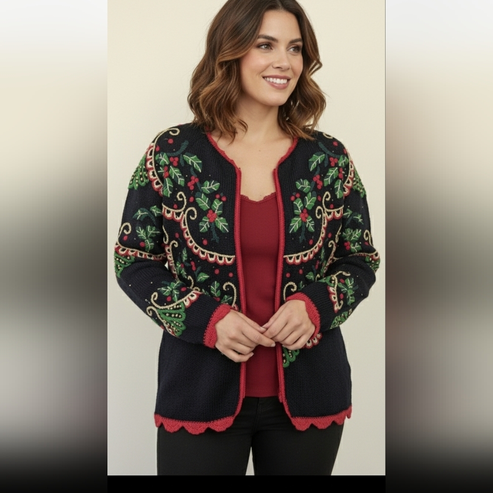 Vintage 90s Ugly Christmas Embroidered Holly Sweater 3D